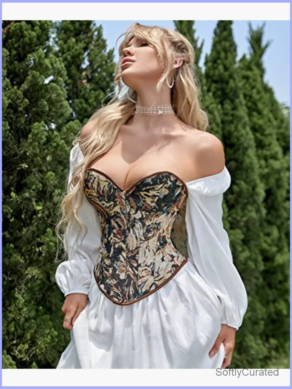 Womens Vintage Floral Denim Overbust Corset Bustier Top